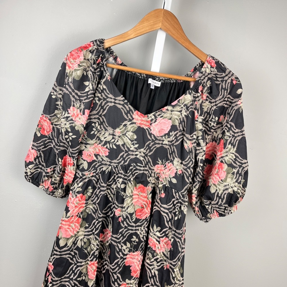 Baltic‎ Born Midi Dress Womens S Black Pink Rose Floral Print Embroidered